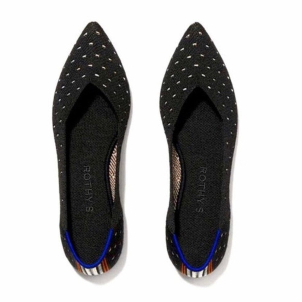 $145 Rothy's Pointed Toe Black Ivory Polka Dot Slip-on Knit Ballet Flats Sz 5.5